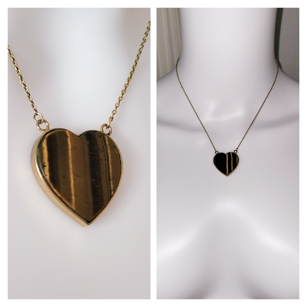 Tigers Eye Heart Pendant Vintage 70s Necklace Gold Gemstone Crystal